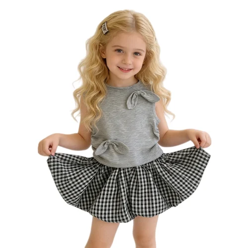 SundayKids Girls Outfits Grey Sleeveless Tank Top With Plaid Bubble Shorts