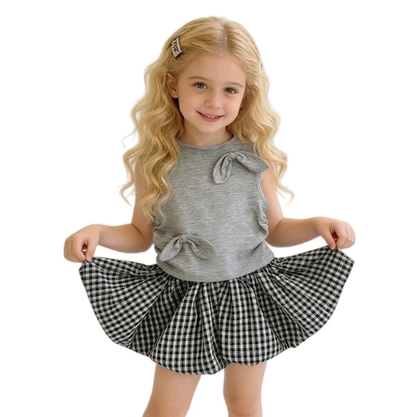 SundayKids Girls Outfits Grey Sleeveless Tank Top With Plaid Bubble Shorts