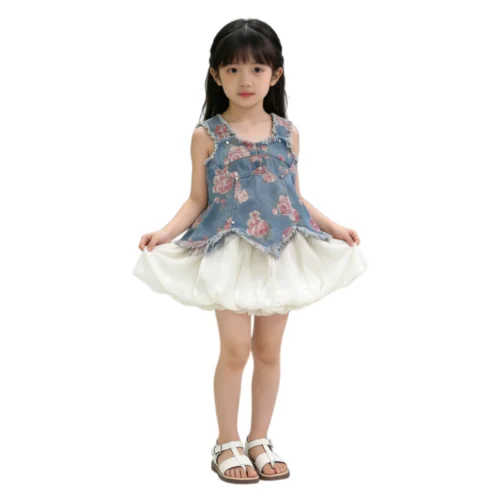 Sundaykids Girls' Denim Terno Printed Top with Short Clothes Set