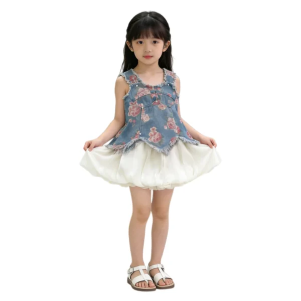 Sundaykids Girls' Denim Terno Printed Top with Short Clothes Set