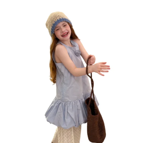 Sundaykids Cotton Solid Color Flower Dress For Kids Girl
