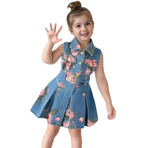 Sundaykids Korean Girls' Printed Denim Sleeveless Dress 2-8Y
