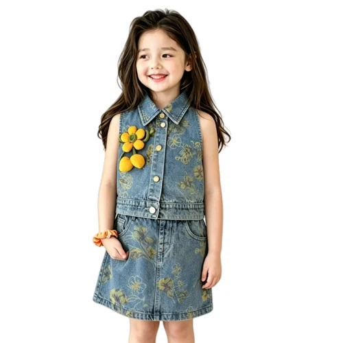 SundayKids Girls Denim Terno Flower Denim Shirt With Skirt Clothes Outfit