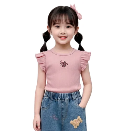 Sundaykids Floral EmbroideryT-shirt Ruffle Short Sleeve Blouse for Kids