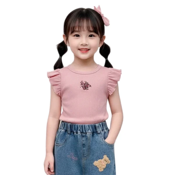 Sundaykids Floral EmbroideryT-shirt Ruffle Short Sleeve Blouse for Kids