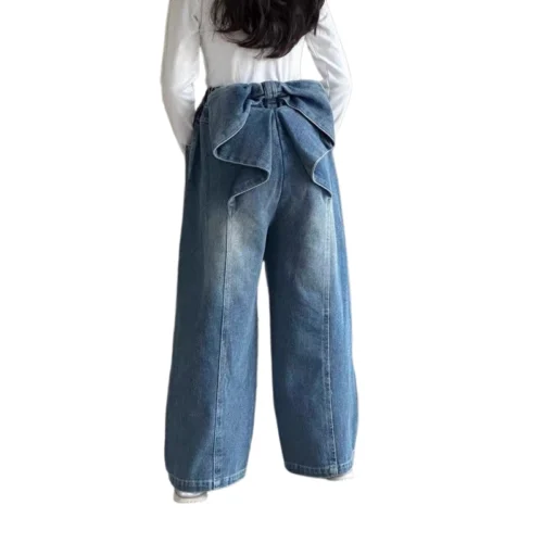 SundayKids Girls Big Bow Decor Wide Leg Denim Pants