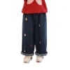 SundayKids Girls Bear Embroidered Wide Leg Denim Pants