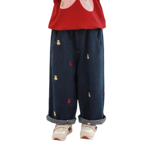 SundayKids Girls Bear Embroidered Wide Leg Denim Pants