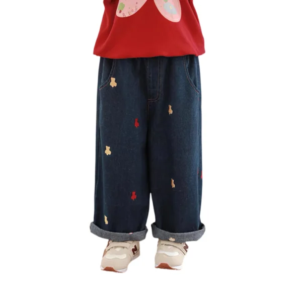 SundayKids Girls Bear Embroidered Wide Leg Denim Pants