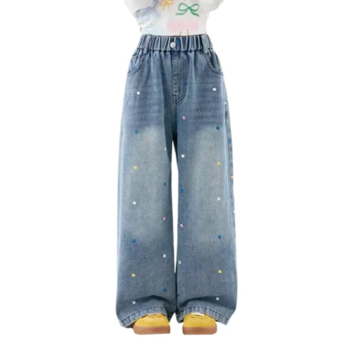 SundayKids Girls Colorful Flower Embroidered Wide Leg Denim Pants