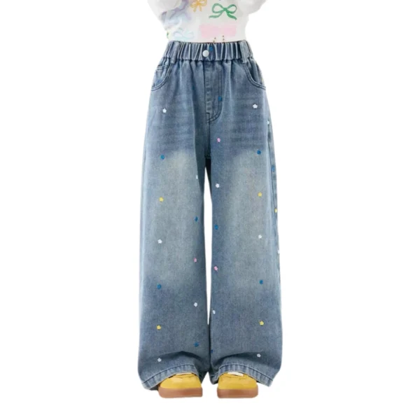 SundayKids Girls Colorful Flower Embroidered Wide Leg Denim Pants