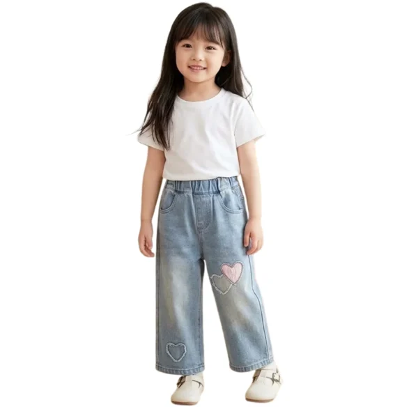 SundayKids Girls Casual Loose Wide Leg Denim Trousers with Heart Patches