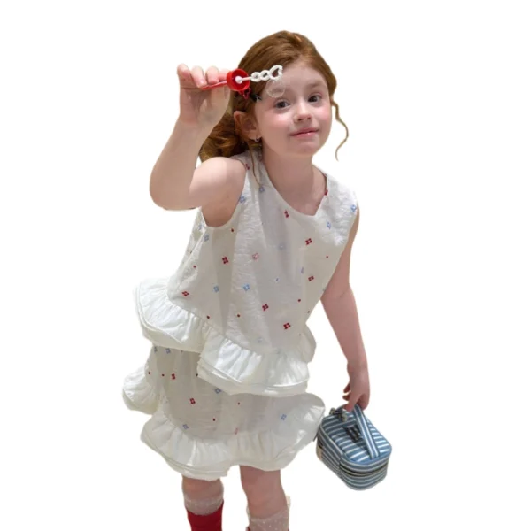 SundayKids Girls Sleeveless Top + Skirt Set with Colorful Floral Embroidery & Ruffle Hem