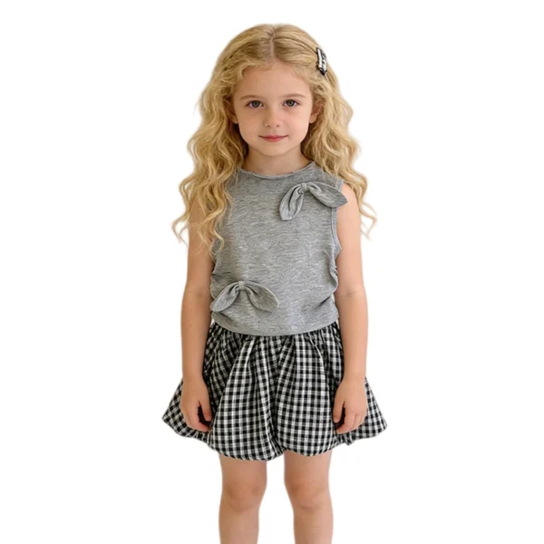SundayKids Girls Outfits Grey Sleeveless Tank Top With Plaid Bubble Shorts