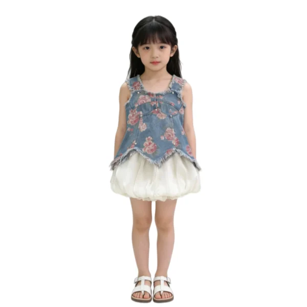 Sundaykids Girls' Denim Terno Printed Top with Short Clothes Set
