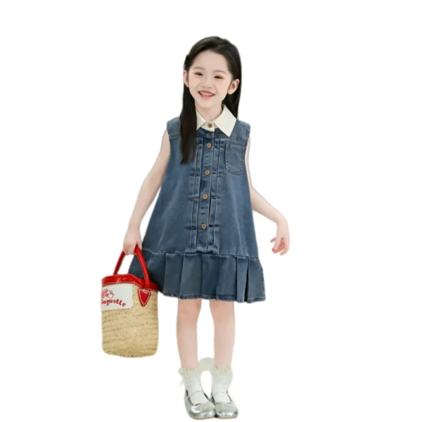Sundaykids Girls' Denim Dress Polo-neck Sleeveless Soft Denim Dress 3-10Yrs