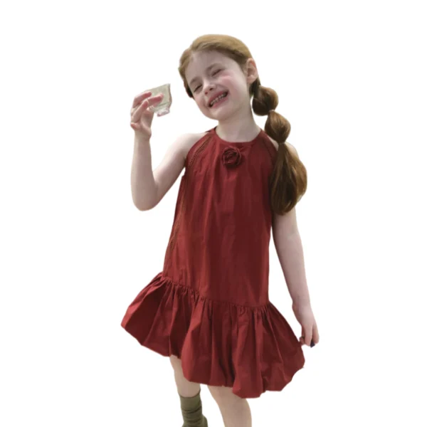 Sundaykids Cotton Solid Color Flower Dress For Kids Girl