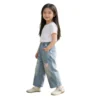 SundayKids Girls Casual Loose Wide Leg Denim Trousers with Heart Patches