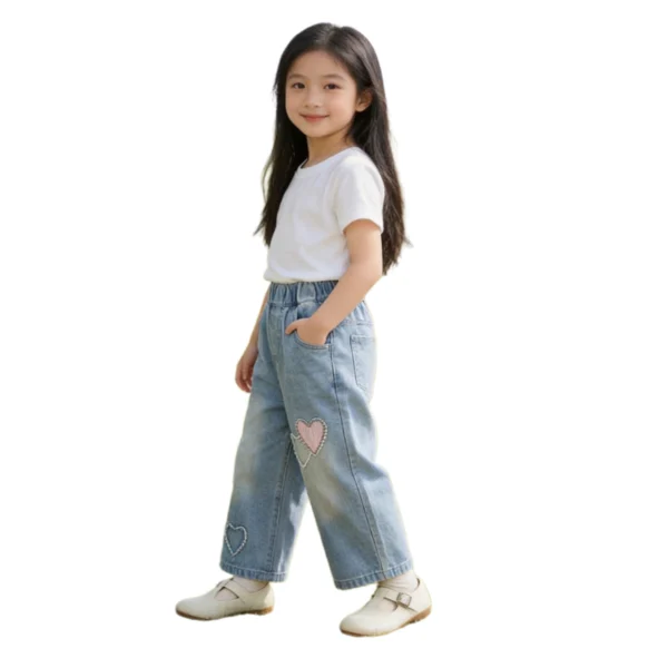 SundayKids Girls Casual Loose Wide Leg Denim Trousers with Heart Patches