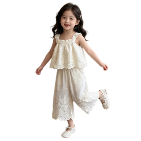SundayKids Girls Casual Outfit Lace Embroidery Sleeveless Top Wide Leg Pants Set