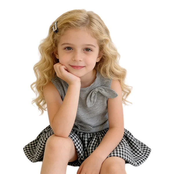 SundayKids Girls Outfits Grey Sleeveless Tank Top With Plaid Bubble Shorts