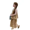 副图2 SundayKids Girls' Sweet Lace Strap Ruffled Leisure Pants Set Girls Outfits