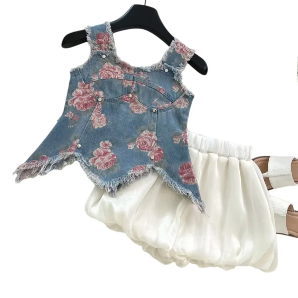Sundaykids Girls' Denim Terno Printed Top with Short Clothes Set