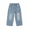 SundayKids Girls Casual Loose Wide Leg Denim Trousers with Heart Patches