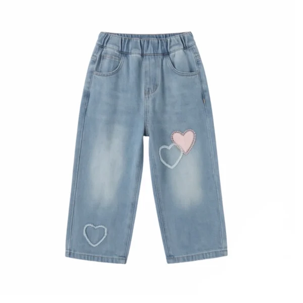 SundayKids Girls Casual Loose Wide Leg Denim Trousers with Heart Patches
