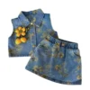 SundayKids Girls Denim Terno Flower Denim Shirt With Skirt Clothes Outfit