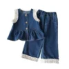 SundayKids Girls Denim Terno Clothes Blue Denim Top with Pants Outfit