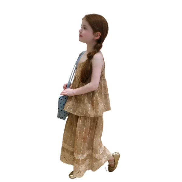 副图2 SundayKids Girls' Sweet Lace Strap Ruffled Leisure Pants Set Girls Outfits