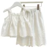 SundayKids Girls Casual Outfit Lace Embroidery Sleeveless Top Wide Leg Pants Set