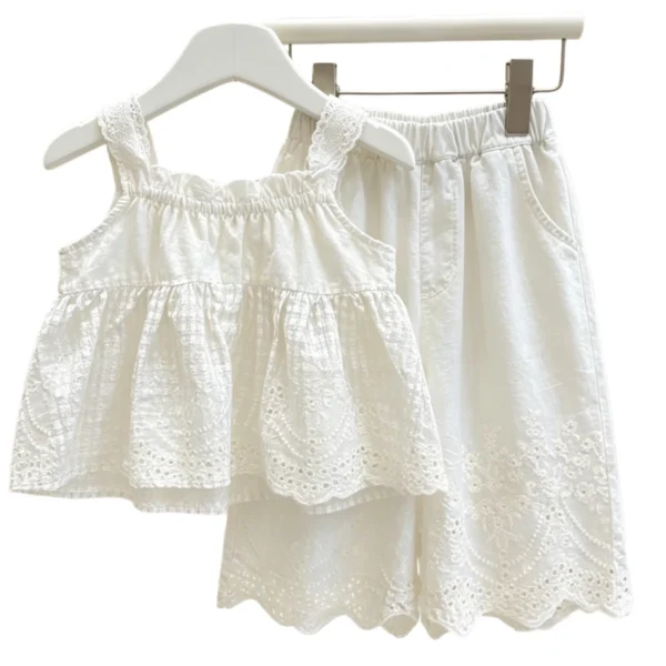 SundayKids Girls Casual Outfit Lace Embroidery Sleeveless Top Wide Leg Pants Set