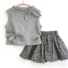 SundayKids Girls Outfits Grey Sleeveless Tank Top With Plaid Bubble Shorts