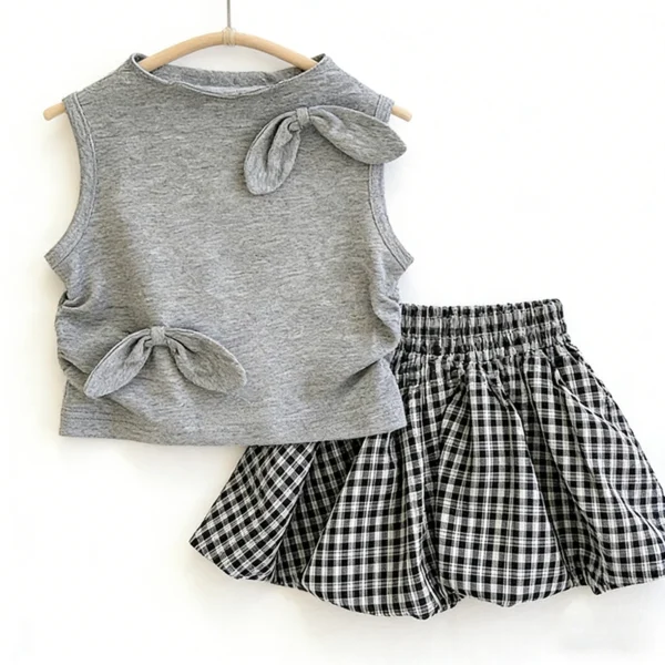 SundayKids Girls Outfits Grey Sleeveless Tank Top With Plaid Bubble Shorts