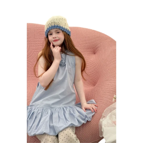 Sundaykids Cotton Solid Color Flower Dress For Kids Girl