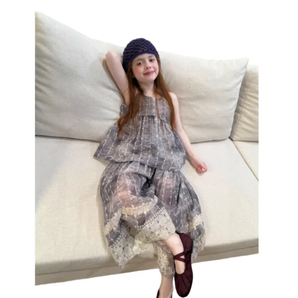 副图3 SundayKids Girls' Sweet Lace Strap Ruffled Leisure Pants Set Girls Outfits