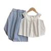 SundayKids Girls' Lace Eyelet Sleeveless Top & Light Denim Pants Two-Piece Set