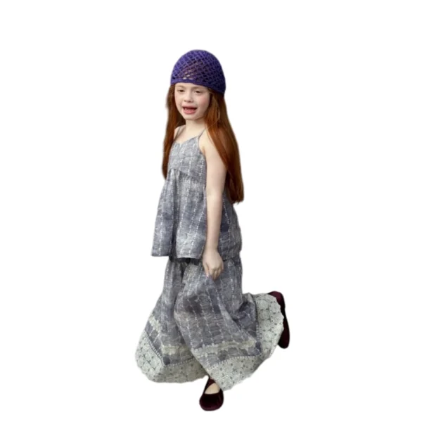 副图5 SundayKids Girls' Sweet Lace Strap Ruffled Leisure Pants Set Girls Outfits