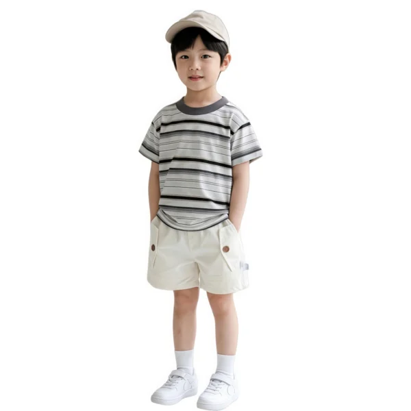 副图一 (1) Sundaykids Boys set 2025 new style boy Korean style casual striped top workwear shorts terno