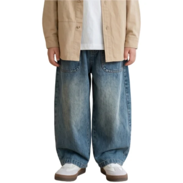 Sundaykids Boys' Washed Vintage Blue Denim Oversized Wide-Leg Pants for 1-5Y
