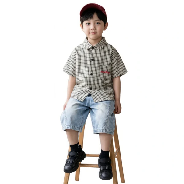 Sundaykids Toddler Boys' Classic Gingham Shirt - Short - Sleeve with Pocket Embroidery