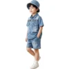 Sundaykids Boys Trendy Denim Terno Set Big Letter Print Gradient Wash Vacation Outfit for Kids
