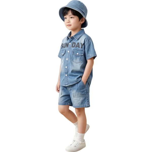 Sundaykids Boys Trendy Denim Terno Set Big Letter Print Gradient Wash Vacation Outfit for Kids
