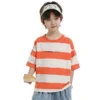 Sundaykids Boys Wide Stripe T-shirt Orange White Cotton Breathable Oversized Loose Fit Short Sleeve Top