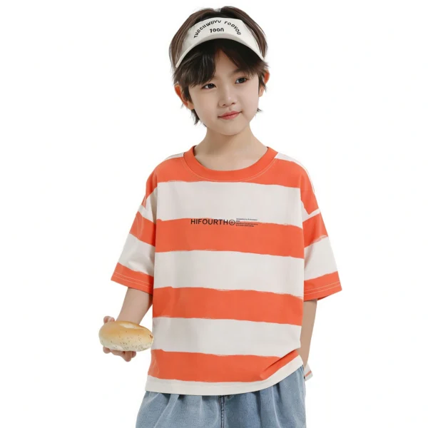 Sundaykids Boys Wide Stripe T-shirt Orange White Cotton Breathable Oversized Loose Fit Short Sleeve Top