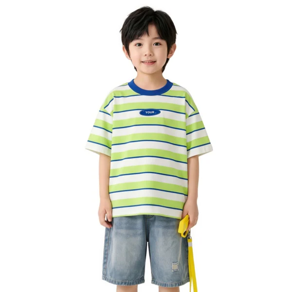 Sundaykids Boys Korean Style Contrast Collar Striped T-shirt Breathable Drop Shoulder Loose Fit