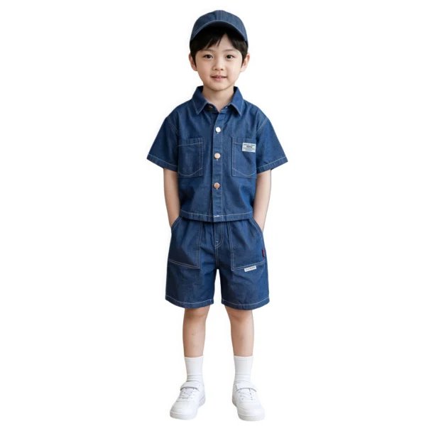 Sundaykids Boys Soft Denim Cargo Terno Set Dark Blue Short Sleeve Shirt & Shorts Multi Pockets