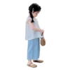 SundayKids Girls' Lace Eyelet Sleeveless Top & Light Denim Pants Two-Piece Set